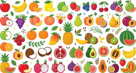 Generative AI vector illustration of fresh fruit icon set featuring colorful tropical berries whole slices and design elements ©  Jahangir
