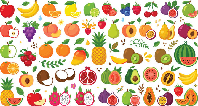 Generative AI vector illustration of fresh fruit icon set featuring colorful tropical berries whole slices and design elements