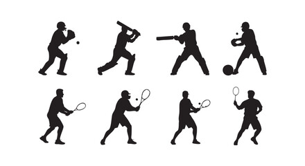 Obraz premium Sports collection showing cricket and tennis players silhouettes with bats rackets balls in dynamic action game poses.