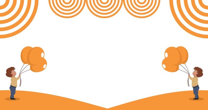 Animated illustration of a boy holding a balloon with orange decoration copy space