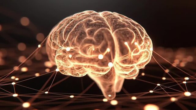 A glowing human brain shown in a digital art style over a dark blurred backdrop, illustrating neural networks and intelligence