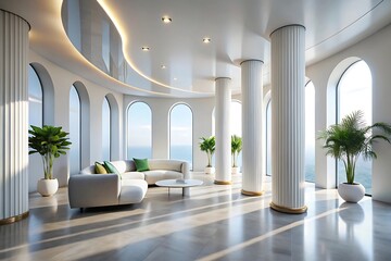 Fototapeta premium Elegant Interior with White Columns, Arched Windows, and Seating Area with Ocean View