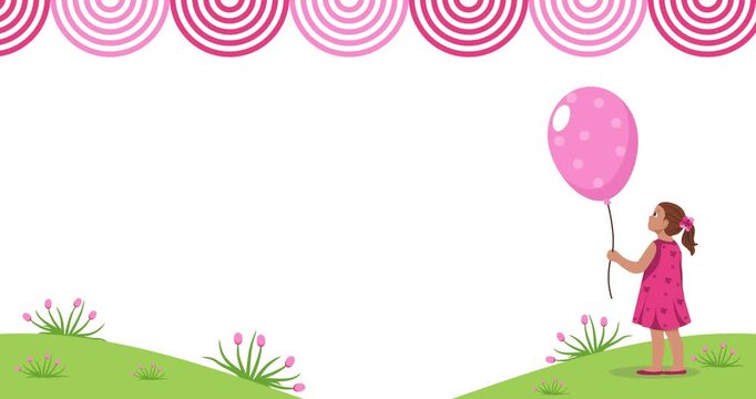 Animated illustration of a girl holding a balloon in a flower garden with pink decoration copy space