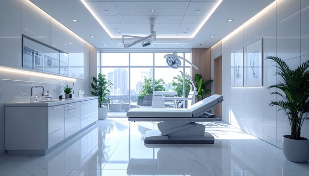 Bright and Modern Medical Clinic Interior with Examination Bed.