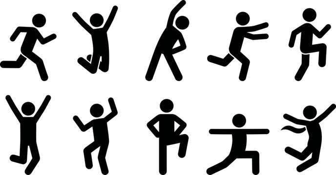 Collection of stick figures in various dynamic poses and movements