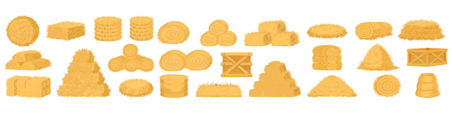 A comprehensive collection of cartoon hay bales, haystacks, and straw bundles in various shapes and arrangements for agricultural and farm designs.