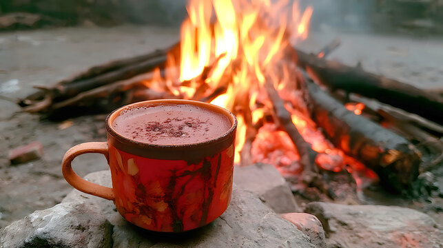 A rustic, patterned mug filled with rich chocolate coffee rests on cold stones, perfectly warmed by the blazing blur of a roaring outdoor campfire in the background
