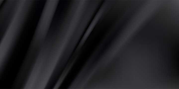 Elegant draped black satin clothes texture. Rich wavy fashion textile pattern background with smooth silver transition light for premium business cover.