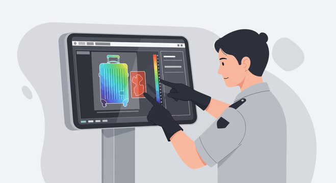 Airport security officer checking luggage scan on computer screen