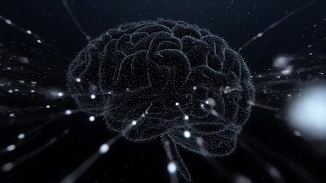 Glowing particle brain in abstract style on dark space background, symbolizing intelligence and cognition concept