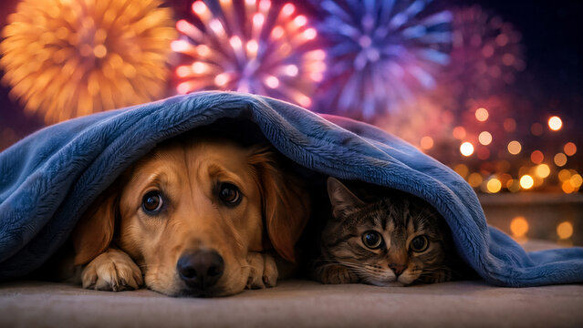 Cat and Dog Hiding Under Blanket During Fireworks