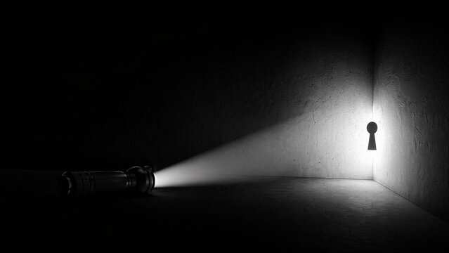 clue. A flashlight beam illuminating a dark corner in a high contrast, minimalist black and white image. lifestyle magazines, social media lookbooks, designed for influencer and brand collaborations.
