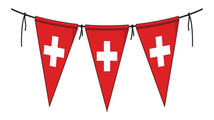 Bunting with Swiss flags hangs on a rope for festive national celebrations. © Sadee Girl