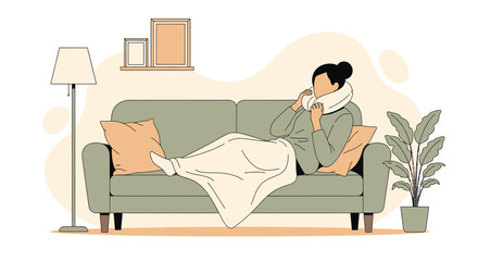 Fototapeta premium Woman sick on couch, wrapped in blanket, drinking hot beverage, feeling unwell