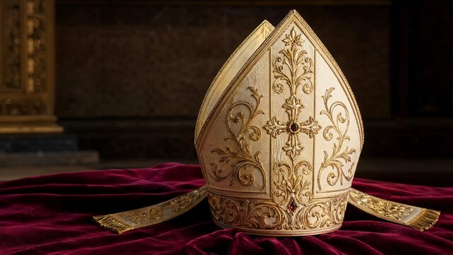 mitre. A tall ceremonial bishop's mitre with intricate gold embroidery rests on a rich velvet cloth. event programs, museum guides, designed for cultural heritage projects and event programs.