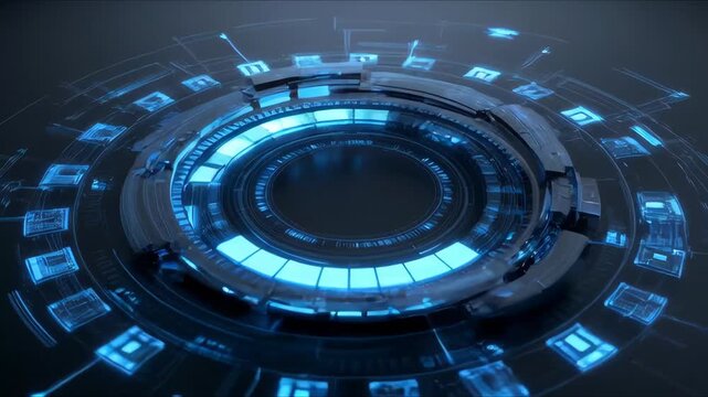 Blue futuristic circular tech interface in sleek digital style on dark background, concept of innovation and high technology