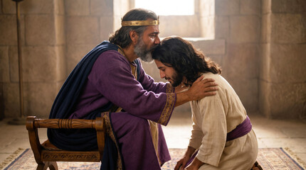 Fototapeta premium medium shot at eye level of King David, seated on his throne, kissing his son Absalom on the forehead as a sign of forgiveness, Absalom kneeling before him, real biblical