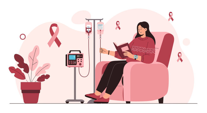 Woman Undergoing Chemotherapy Treatment Reading Book in Chair