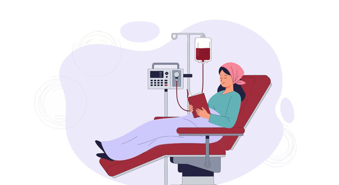 Woman undergoing chemotherapy treatment, reading a book in a hospital chair with IV drip