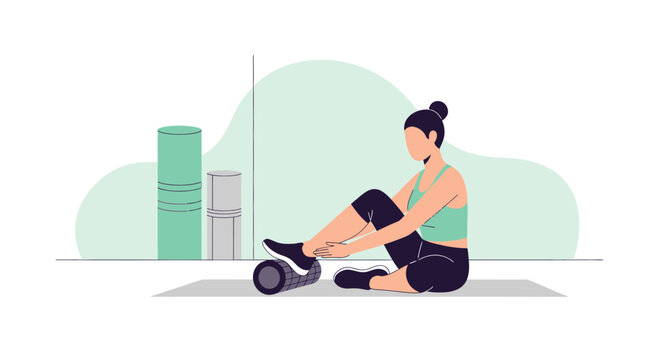 Woman uses foam roller on foot after workout, fitness and recovery concept