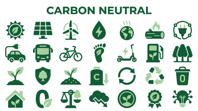 Carbon Neutral Eco Friendly Icons Set Representing Sustainable Energy Green Technology and Environmental Protection Concepts