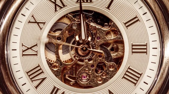 Macro zoom out of vintage golden skeleton pocket watch with moving gears and Roman numerals.