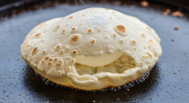 Flatbread is puffing up while cooking on a hot black iron skillet surface.