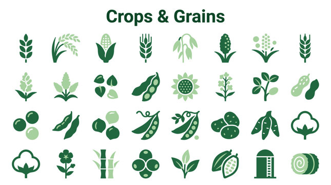 Diverse collection of stylized green icons representing various crops grains and agricultural products on a white background