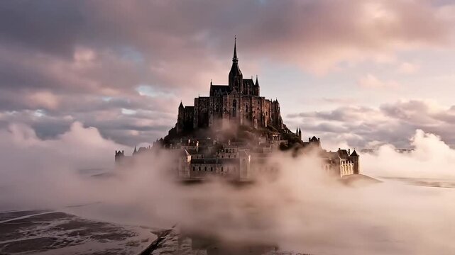 Ancient castle emerges from ethereal morning mist, a timeless landmark shrouded in mystery and beauty.