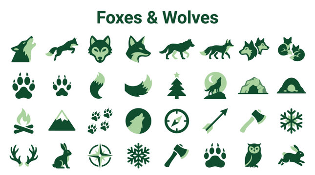 Collection of forest animal icons foxes wolves and nature elements for graphic design and illustration