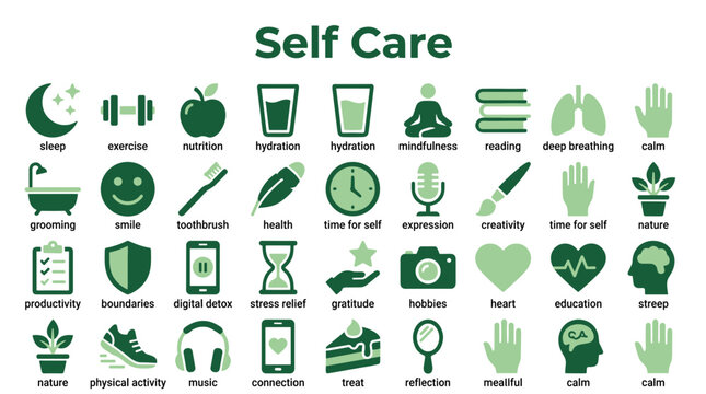 Self Care Icons Representing Health Wellness and Mindfulness Activities for Mental and Physical Well being