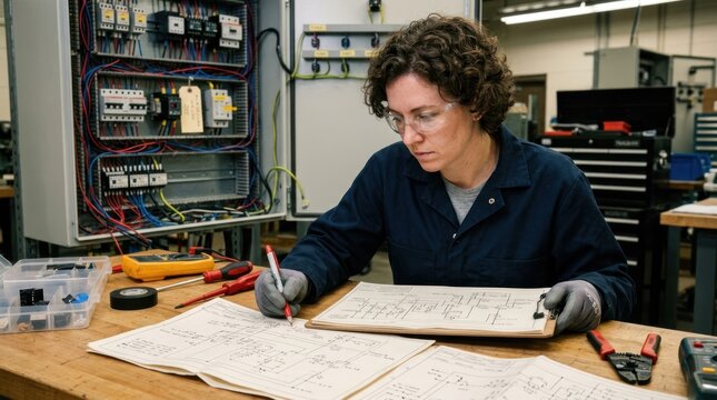 A woman in a blue jacket working on an electrical panel in a workshop.