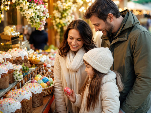 Familie entdeckt russische Ostergeb&auml;cke und bunte Eier an einem festlichen Marktstand