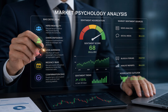 Businessman analyzing market psychology with bias detection sentiment aggregation dashboard showing sentiment score 68 bullish herd mentality overconfidence loss aversion recency confirmation bias