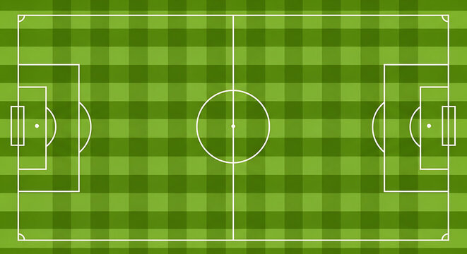 Green soccer field plan view with pitch markings football background training template tactical illustration