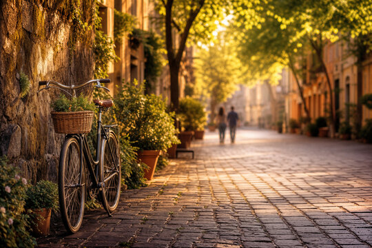 World Car Free Day bicycle against mossy stone wall on cobblestone street with empty green boulevard and pedestrians in soft bokeh urban sustainability scene
