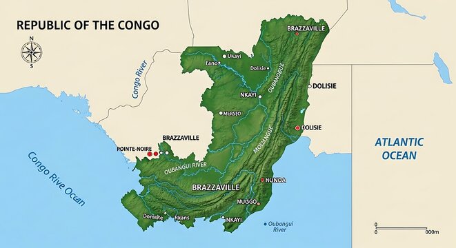 Map of the Republic of the Congo with geographical features and labels.