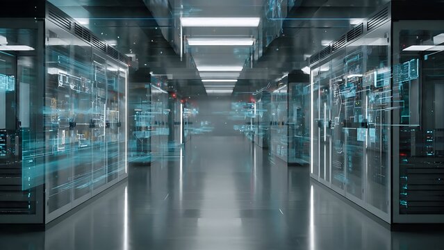 Modern industrial warehouse interior with empty shelves and lighting.