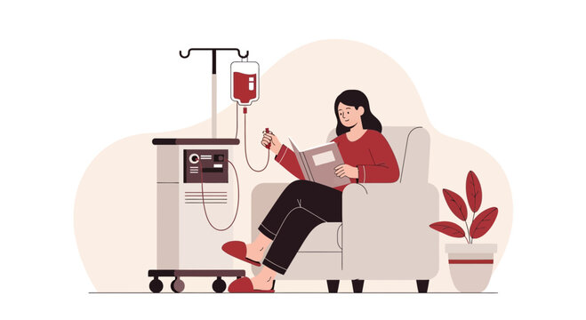 Woman Reading Book During IV Drip Treatment at Home