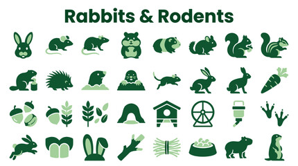 Collection of green cartoon icons representing rabbits rodents and related elements like carrots acorns and burrows for nature and animal themes © Iconique Studio