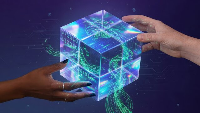 Hands interacting with a futuristic digital cube emitting light and data streams