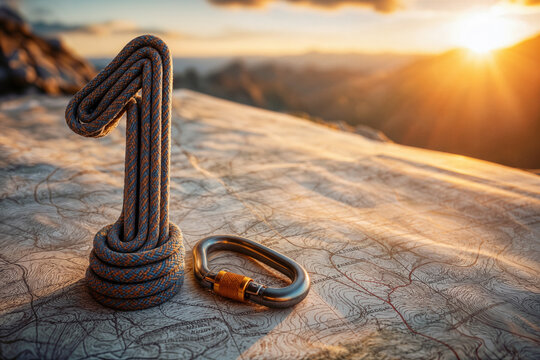 National Mountain Climbing Day concept rope shaped number 1 on topographic map with carabiner sunrise adventure achievement August 1