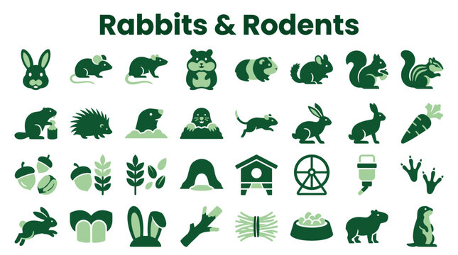 Collection of green cartoon icons representing rabbits rodents and related elements like carrots acorns and burrows for nature and animal themes