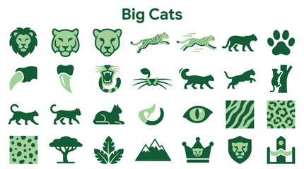Big cats icons set lion cheetah jaguar tiger wild animals symbols and nature elements green palette © Iconique Studio