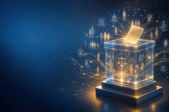 International Day of Democracy luminous transparent ballot box connected to holographic citizen network symbolizing voting suffrage human rights transparency accountability rule of law