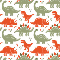 Scandinavian Folk Art Cute Dinosaur Seamless Pattern Background © revpy