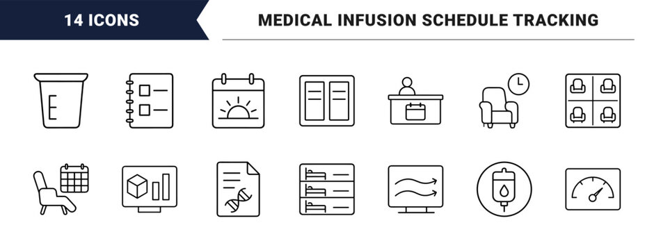 Healthcare medical line icon set. Vector pictograms of chemotherapy scheduling, clinical treatment, patient management, and oncology workflow elements, thin linear illustration.