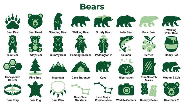 Collection of bear icons and symbols representing different bear types activities and related nature elements for graphic design and illustration