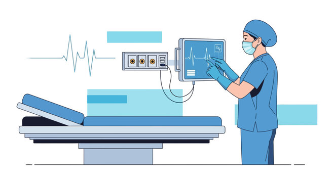 Surgeon monitors patient vitals on EKG machine in modern operating room
