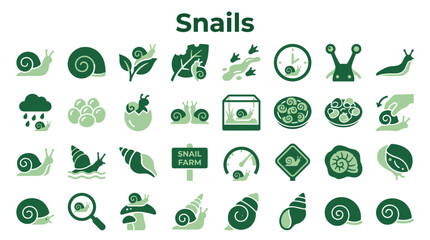 Collection of snail icons and illustrations depicting various aspects of snail life and habitats in a charming green and light green color palette © Iconique Studio